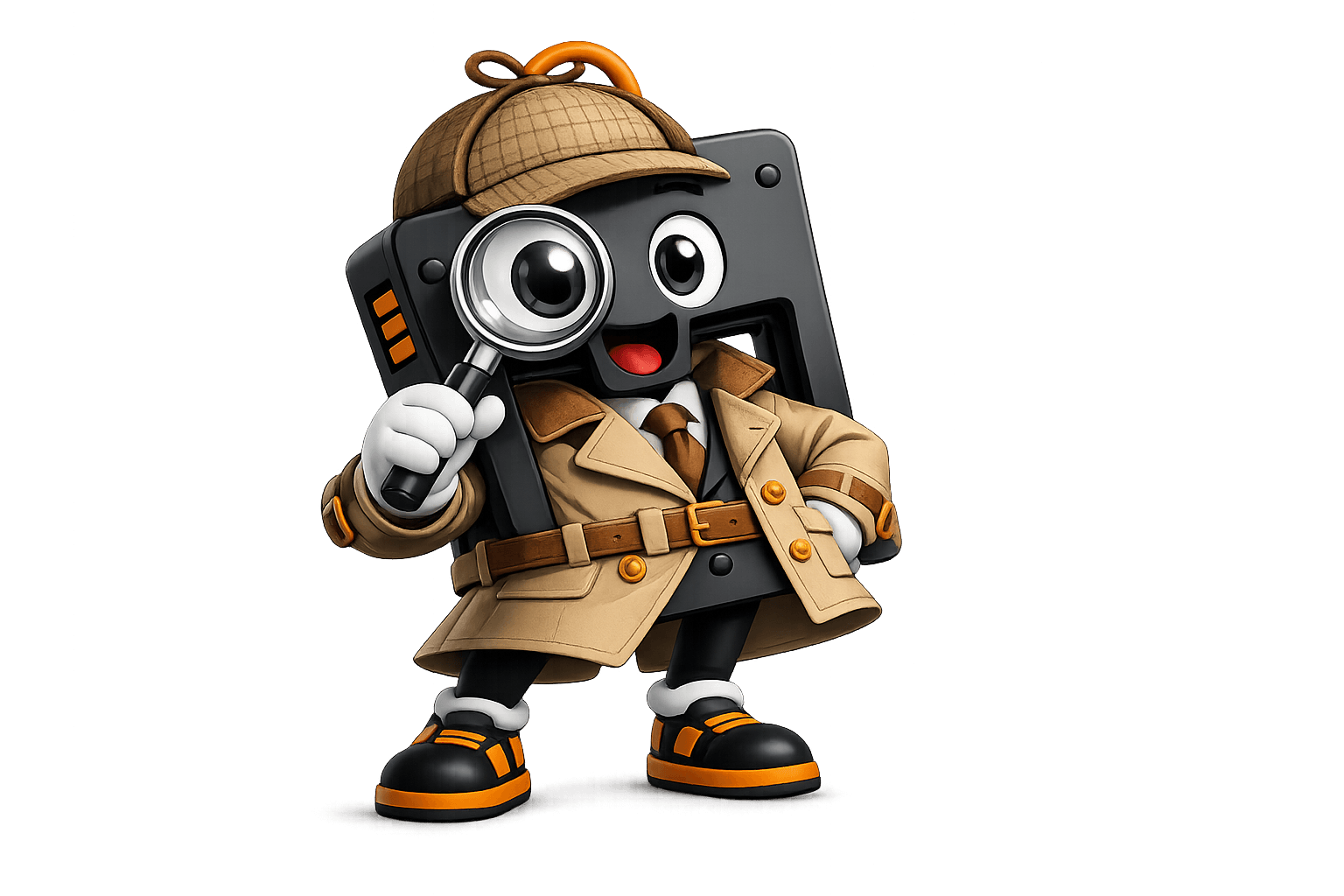 Mascote 3DoBrinca detetive à procura de inspiração